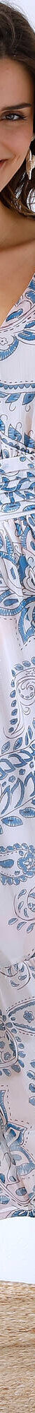 Robe col V, voile imprimé (écru / bleu) Robe col V, voile imprimé (écru / bleu)